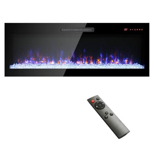 60 inch recessed ultra thin tempered glass front wall mounted electric fireplace with remote and multi color flame & emberbed, LED light heater