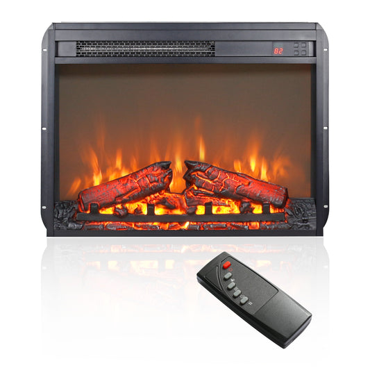 23 inch electric fireplace insert, ultra thin heater with log set & realistic flame, remote control with timer, overheating protection