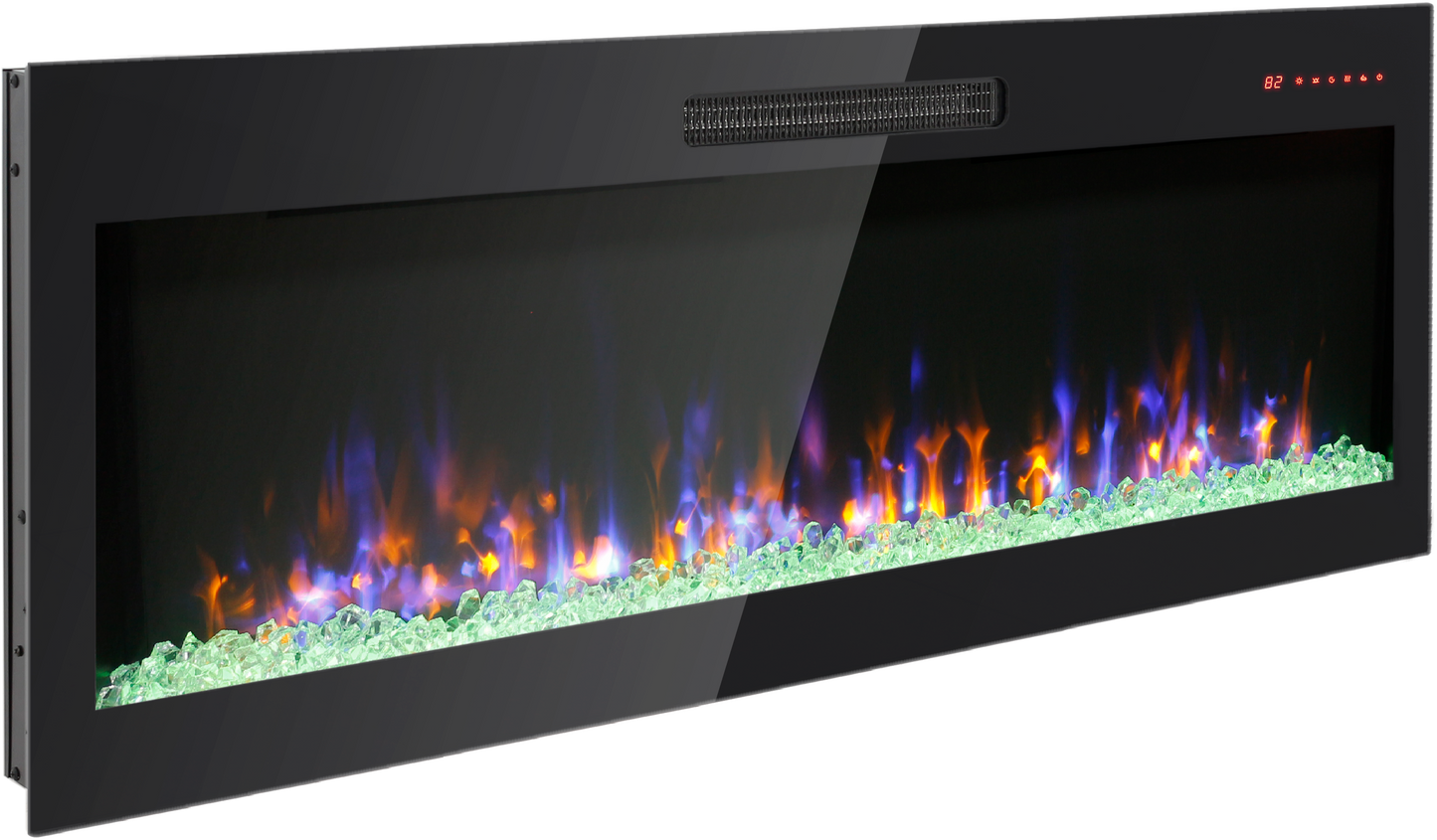 60 inch recessed ultra thin tempered glass front wall mounted electric fireplace with remote and multi color flame & emberbed, LED light heater